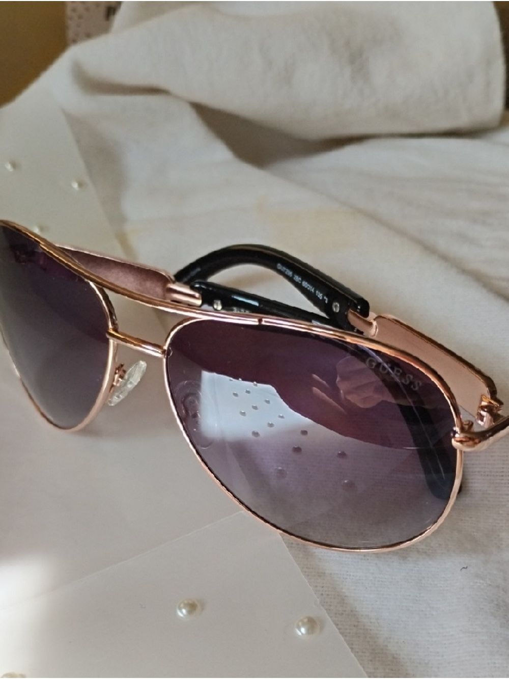 Guess Aviator Sunglasses. Rose Gold Frames. Purple Tone Lenses.